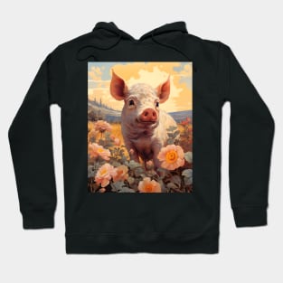 Retro Vintage Cute Pig in Field - Charming Artwork for Pig Lovers Hoodie